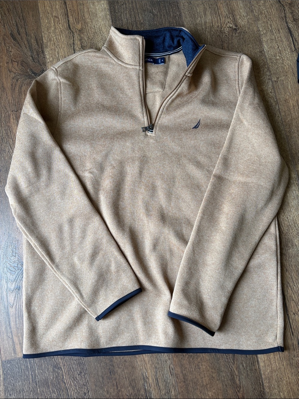 Nautica Men's Tan Quarter-Zip Fleece Pullover with Navy Trim